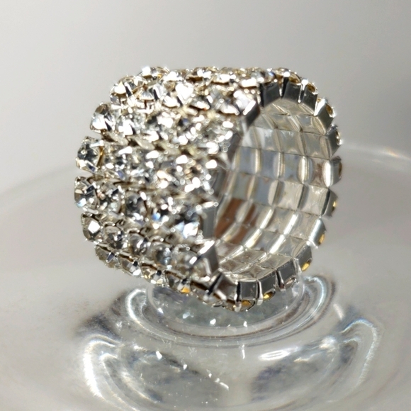 Silver Stretch Ring with Clear Rhinestones – Glamorous Wide Band Bling - 5 Rows - Picture 6 of 9
